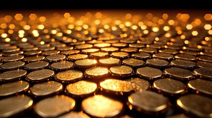 Obraz premium Golden honeycomb pattern with glowing lights.