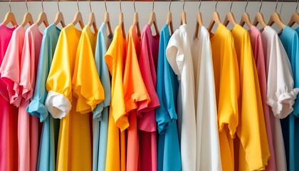 Colorful Women's Clothing Assortment Tops and Dresses on Rack