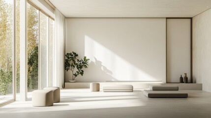 Modern minimalist home theater with clean, stylish design. Featuring neutral tones and sleek seating