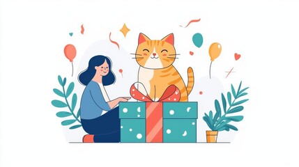 Obraz premium A joyful scene of a woman with a cute cat and colorful balloons, celebrating together.