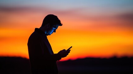 Fototapeta premium Silhouette of a Young Man Checking His Phone at Sunset