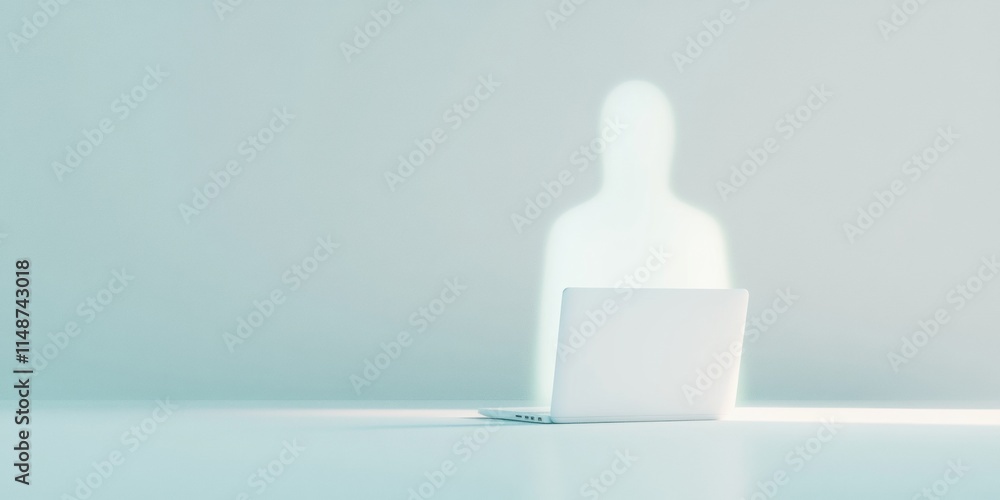 Poster glowing digital figure in minimalistic educational setting with abstract lighting