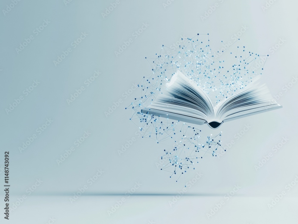 Poster floating book with gradient icons symbolizing digital knowledge and learning