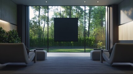 Fototapeta premium Modern minimalist home theater with clean, stylish design. Featuring neutral tones and sleek seating