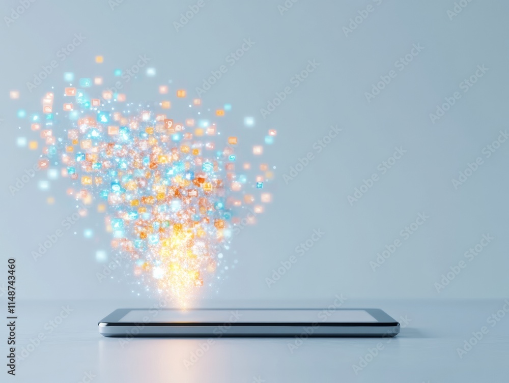Leinwandbilder Glowing Tablet with Pastel Icons and Digital Flows Concept of Virtual Learning and Connection