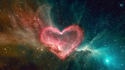 A cosmic heart shape surrounded by vibrant stars and colors in a deep space setting.