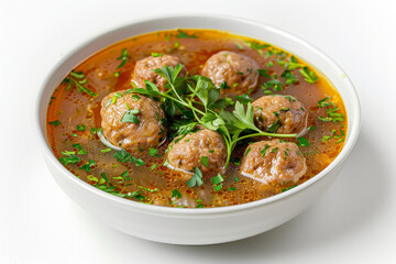 Bowl of meatball soup garnished with fresh parsley, featuring tender meatballs in a flavorful broth with vibrant herbs, served in a white bowl against a clean background
