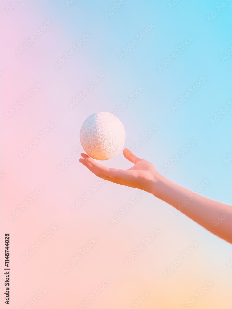 Poster hand tossing ball against pastel gradient background a surreal reflection of motion and cultural uni