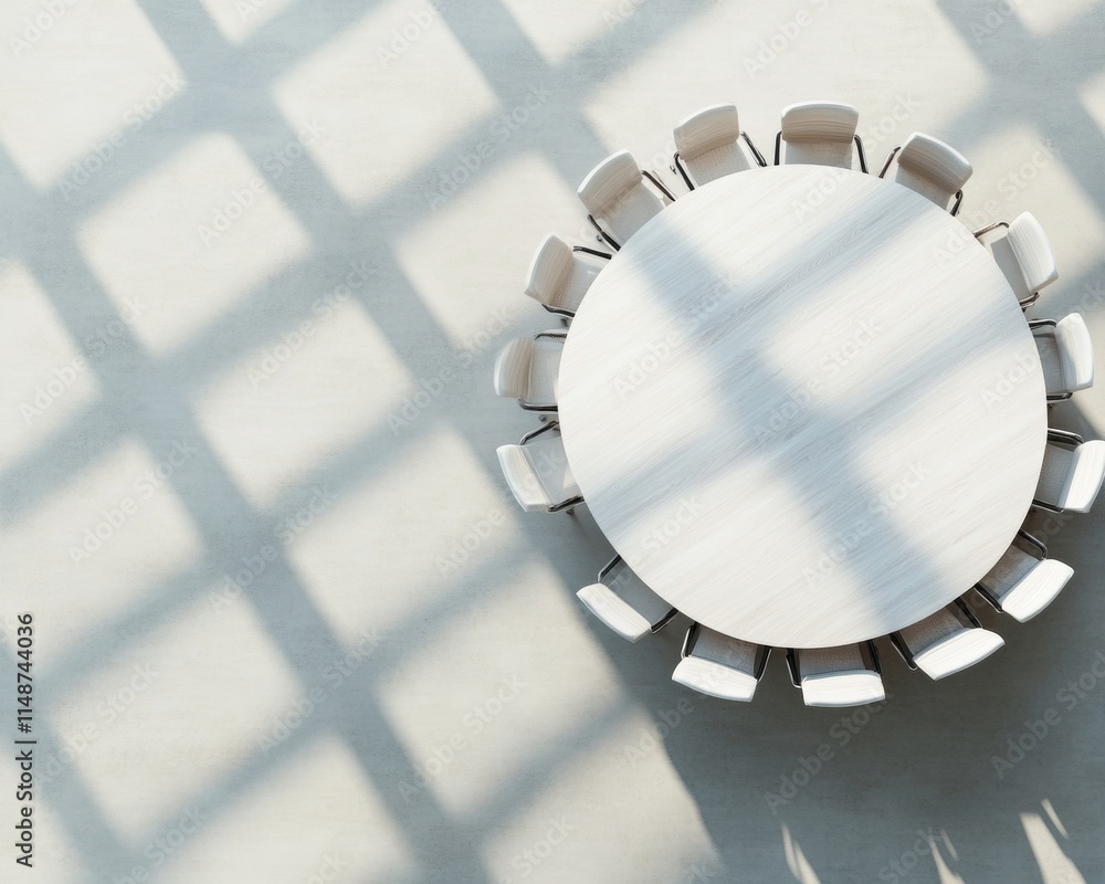 Aufkleber Abstract Minimalism in Civic Discussions Aerial View of Empty Roundtable in Soft Shadows