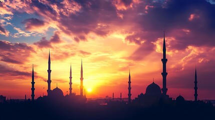 Majestic Mosque Silhouette at Sunset Cityscape