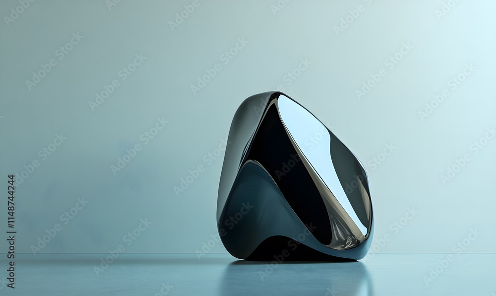 Poster Shiny, black, abstract object with curved lines on smooth surface.