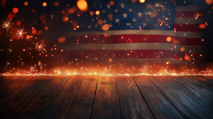 Patriotic Fireworks Display Against the American Flag on a Rustic Wooden Surface. A dramatic image showcasing the American flag, overlaid with sparks and bursts of fireworks against a dark backdrop.