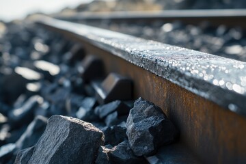 Close up of metal joint filler applied to a railway track against a blurred granite backdrop in daylight