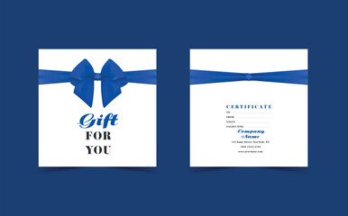 Gift card template with realistic red bow. Certificate, coupon, flyer design. Discount card for shop or boutique. Vector illustration