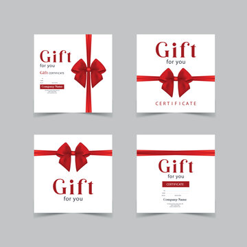 Gift card template with realistic red bow. Certificate, coupon, flyer design. Discount card for shop or boutique. Vector illustration