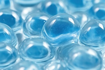 Close up of pale blue gel spheres Watery polymer backdrop Clear liquid See through texture