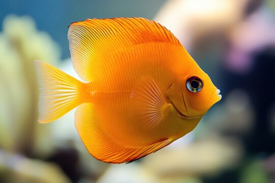 Close up of orange Zebrasoma scopas fish with a blurred backdrop