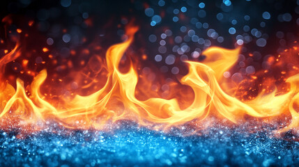 A vivid depiction of red and blue flames swirling together in a blurred abstract motion symbolizing chaos energy transformation conflict and duality representing both harmony and discord in dynamic te