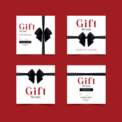 Gift card template with realistic red bow. Certificate, coupon, flyer design. Discount card for shop or boutique. Vector illustration