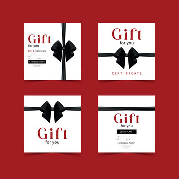Gift card template with realistic red bow. Certificate, coupon, flyer design. Discount card for shop or boutique. Vector illustration