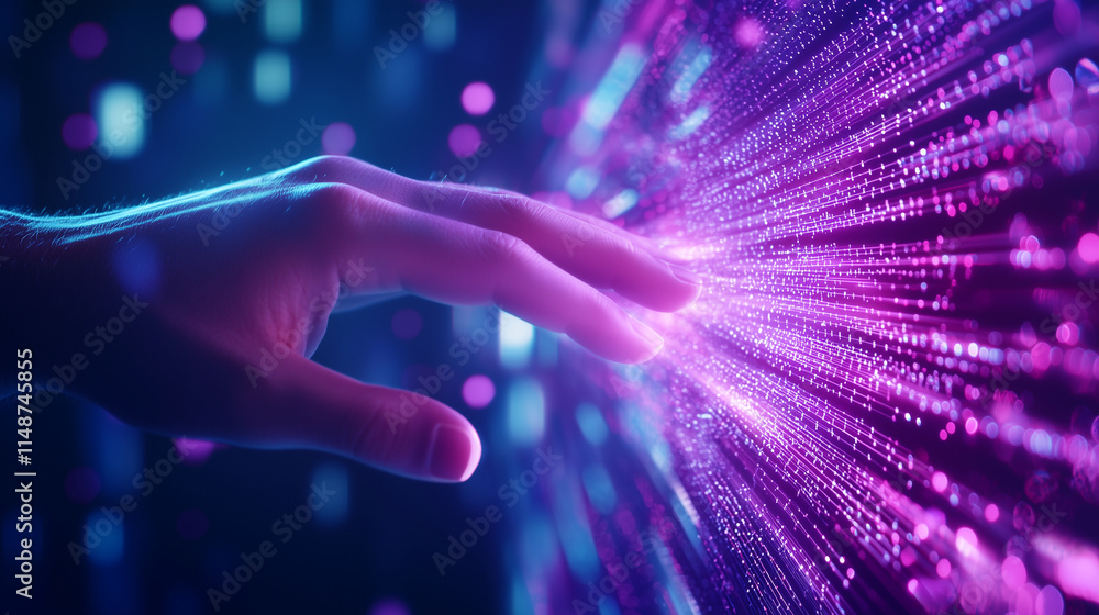 Poster digital hands interacting with futuristic cybersecurity interface