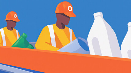 Recycling and Resource Saving, Workers in safety gear sort recyclable materials on a conveyor belt, promoting sustainability and environmental responsibility in a bright, colorful setting.
