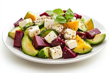 Close up side view of a healthy salad featuring avocado beetroot and feta garnished with sesame and flax seeds against a white backdrop