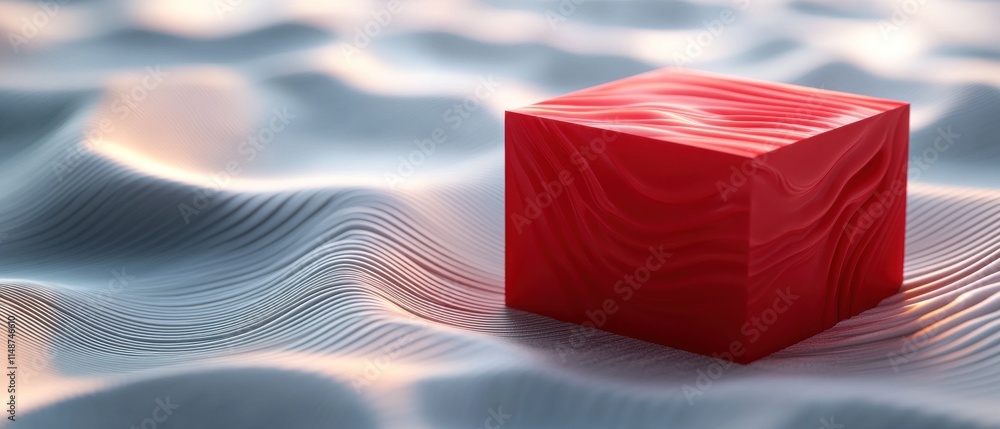 Poster red cube on abstract wavy surface: a study in contrast and form