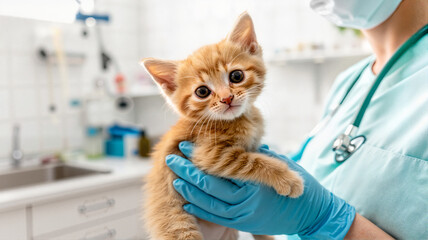 Veterinarian holding a ginger kitten in a clinic