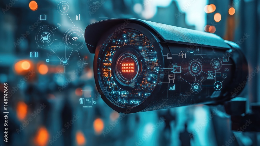 Poster modern security camera in urban setting. tech system for data flow, activity recording. camera shows