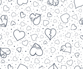 Seamless pattern with hand-drawn doodle hearts. Ink black and white background for wrapping paper, scrapbooking, postcards and posters. Valentine's day illustration with broken hearts.