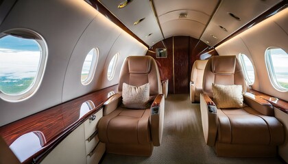 The interior of a premium business class or private plane. Spacious and luxurious seating arrangement