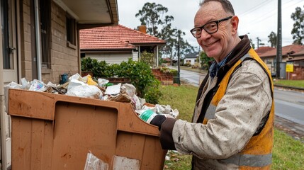 Smiling elderly man sorting through a recycling bin on a cloudy day.