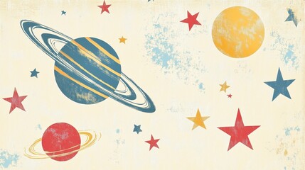 A solar system, with planets and stars on a beige paper background.