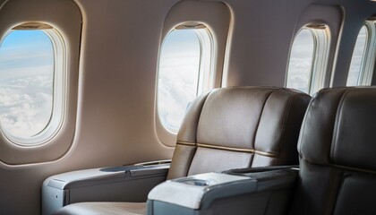 The interior of a premium business class or private plane. Spacious and luxurious seating arrangement