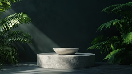 A stone, round podium with a bowl on it, set against a dark green jungle backdrop.