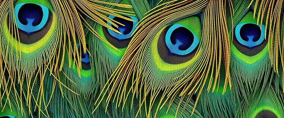 Vibrant Peacock Feathers Detailed Closeup Green Blue Gold Hues