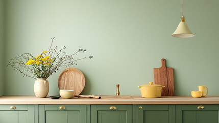 Bright modern kitchen with pastel green cabinets and brass hardware, featuring a light wood countertop for contrast.