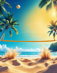 Volleyball court on a beach under bright sun and palms