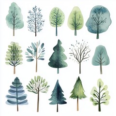 Watercolor green trees isolated on a white background.