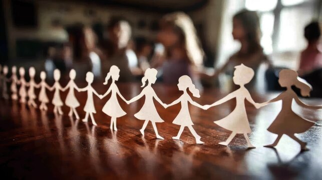 Delicate paper chain of girls holding hands, symbolizing unity and friendship.