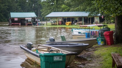 Obraz premium A tranquil scene featuring boats moored by a riverside, with a rustic structure nearby and lush greenery in a calm water setting.