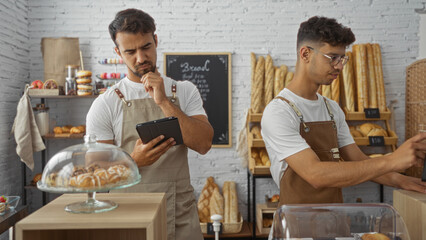 Two hispanic male bakers working together in a bakery interior, one using a tablet while the other arranges items on a counter surrounded by bread and pastries.
