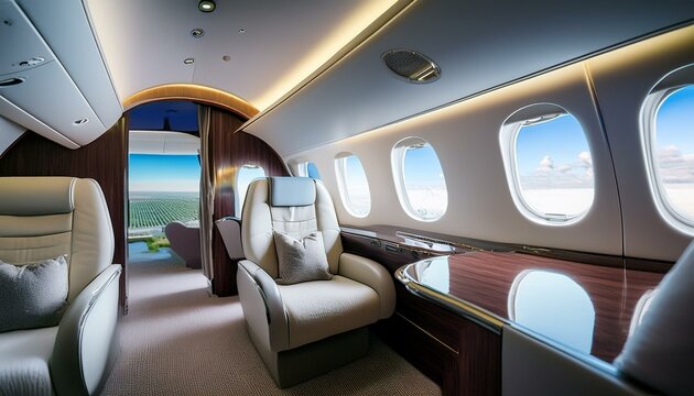 The interior of a premium business class or private plane. Spacious and luxurious seating arrangement
