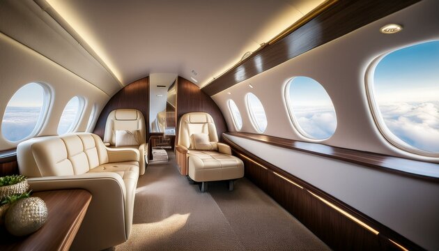 The interior of a premium business class or private plane. Spacious and luxurious seating arrangement