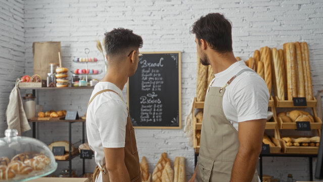 Men workers in a bakery shop interior analyzing menu board, wearing aprons with various baked goods on display in the backdrop
