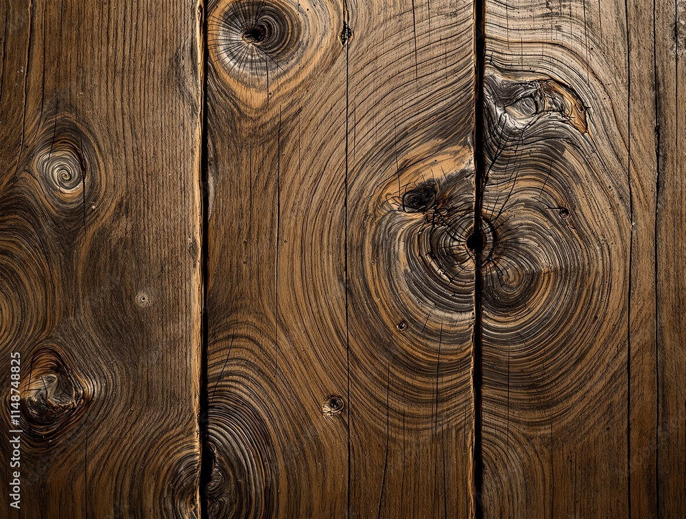 Poster close-up of a wooden surface with visible knots and grain patterns typical of aged or rustic wood. t