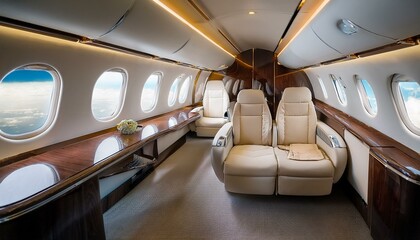 The interior of a premium business class or private plane. Spacious and luxurious seating arrangement