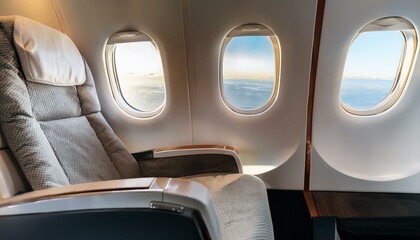 The interior of a premium business class or private plane. Spacious and luxurious seating arrangement