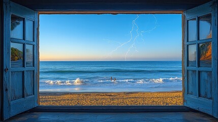 Fototapeta premium Expansive view of a serene beach at dawn through a charming casement window
